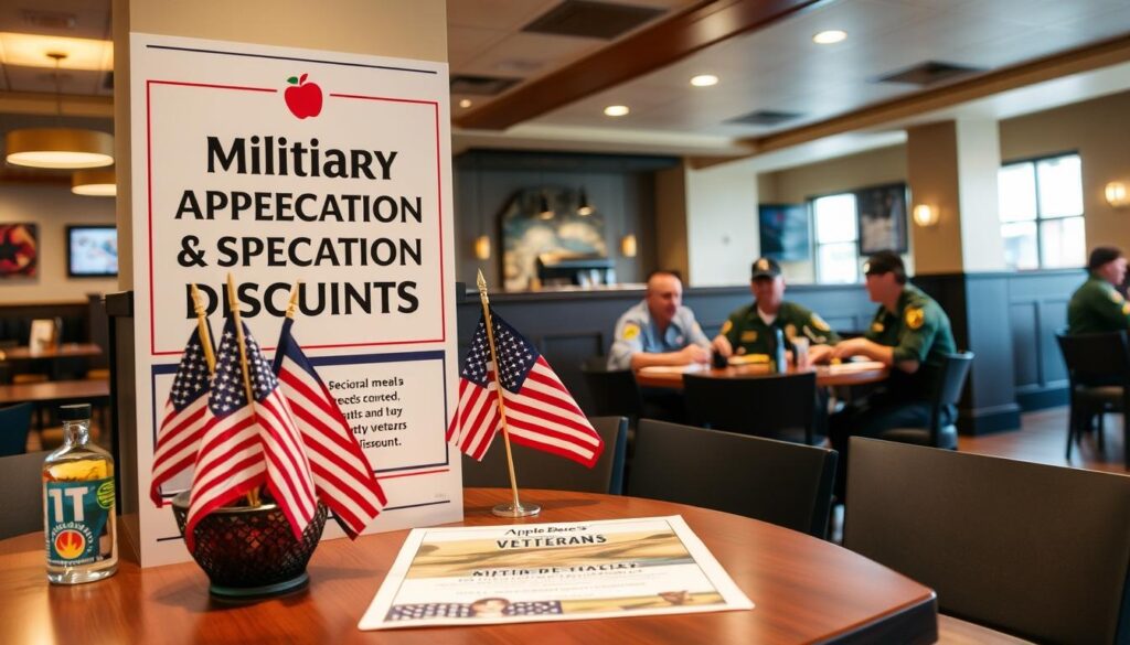A brightly lit, modern interior of an Applebee's restaurant, with a prominent display highlighting the &amp;amp;amp;amp;amp;amp;amp;amp;amp;amp;quot;Military Appreciation Discounts&amp;amp;amp;amp;amp;amp;amp;amp;amp;amp;quot; offer. In the foreground, a table is set with an American flag centerpiece, military memorabilia, and a menu showcasing the special discounted meals available to active-duty personnel and veterans. The middle ground features uniformed service members enjoying their discounted meals, while the background showcases the restaurant's warm, inviting atmosphere with subtle military-themed decor. The lighting is soft and welcoming, creating a sense of appreciation and gratitude for those who have served.