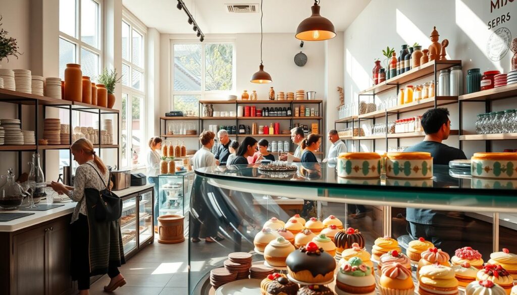 A bustling international dessert shop, "Mixue International Desserts and Sweet Treats," comes to life. Sunlight filters through large windows, illuminating the vibrant display of pastries, cakes, and confections from around the world. In the foreground, a glass counter showcases delicate macarons, eclairs, and tarts, their colors and textures a feast for the eyes. Beyond, customers peruse shelves stocked with exotic ingredients and artisanal baking equipment, while the aroma of freshly brewed coffee and baking pastries wafts through the air. The atmosphere is one of global culinary exploration, inviting visitors to indulge in a world of decadent and diverse sweet treats. A bustling international dessert shop, "Mixue International Desserts and Sweet Treats," comes to life. Sunlight filters through large windows, illuminating the vibrant display of pastries, cakes, and confections from around the world. In the foreground, a glass counter showcases delicate macarons, eclairs, and tarts, their colors and textures a feast for the eyes. Beyond, customers peruse shelves stocked with exotic ingredients and artisanal baking equipment, while the aroma of freshly brewed coffee and baking pastries wafts through the air. The atmosphere is one of global culinary exploration, inviting visitors to indulge in a world of decadent and diverse sweet treats.
