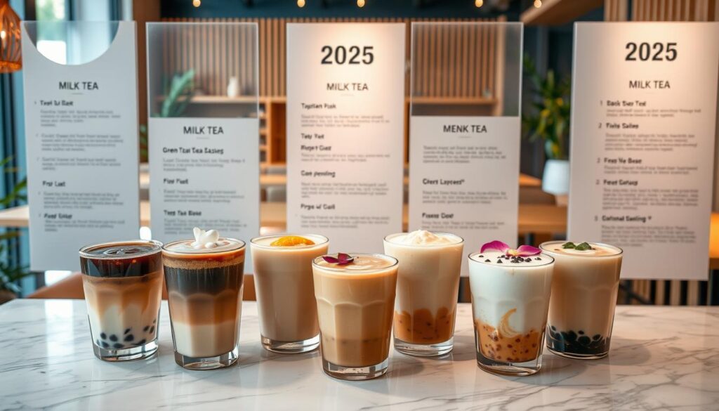 A chic and modern cafe menu display showcases an array of artisanal milk tea varieties for the year 2025. In the foreground, beautifully crafted milk tea drinks are arranged on a marble tabletop, with intricate latte art and distinctive toppings like tapioca pearls, fresh fruits, and delicate flower petals. The middle ground features sleek, minimalist menu boards highlighting the unique flavors and descriptions of each milk tea option, from classic black and green tea bases to innovative fusion blends. The background setting is a warm, cozy cafe interior with natural wood accents, soft lighting, and a hint of greenery, creating an inviting and upscale ambiance. The overall scene evokes a sense of artisanal craftsmanship, quality, and the continued evolution of the milk tea experience. A chic and modern cafe menu display showcases an array of artisanal milk tea varieties for the year 2025. In the foreground, beautifully crafted milk tea drinks are arranged on a marble tabletop, with intricate latte art and distinctive toppings like tapioca pearls, fresh fruits, and delicate flower petals. The middle ground features sleek, minimalist menu boards highlighting the unique flavors and descriptions of each milk tea option, from classic black and green tea bases to innovative fusion blends. The background setting is a warm, cozy cafe interior with natural wood accents, soft lighting, and a hint of greenery, creating an inviting and upscale ambiance. The overall scene evokes a sense of artisanal craftsmanship, quality, and the continued evolution of the milk tea experience.