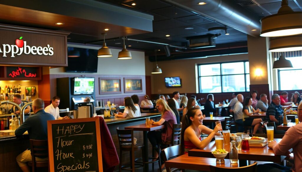 A cozy, dimly-lit Applebee's restaurant interior, with a prominent bar in the foreground featuring a chalkboard sign displaying the &amp;amp;amp;amp;amp;amp;amp;amp;amp;amp;quot;Happy Hour Specials&amp;amp;amp;amp;amp;amp;amp;amp;amp;amp;quot; menu. Patrons seated at high-top tables, enjoying discounted drinks and appetizers. Warm, inviting lighting casts a soft glow, creating a relaxed, social atmosphere. In the background, glimpses of the restaurant's casual dining area, with a few patrons enjoying their meals. The scene conveys the welcoming, lively vibe of an Applebee's Happy Hour, enticing viewers to take advantage of the special offers.