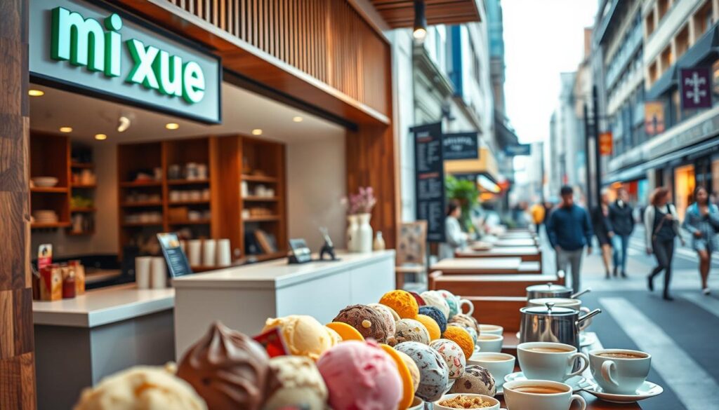 A cozy, well-lit Mixue Ice Cream and Tea Store, featuring a charming storefront with warm wooden accents and a inviting display of delectable treats. In the foreground, an array of colorful ice cream scoops in tempting flavors, accompanied by steaming cups of fragrant tea. The middle ground showcases the store's minimalist, modern interior, with sleek countertops and a minimalist, Scandinavian-inspired aesthetic. The background depicts the bustling street outside, with passersby creating a lively, urban atmosphere. The lighting is soft and natural, casting a gentle glow over the scene, evoking a sense of tranquility and indulgence. The overall composition conveys the store's commitment to quality, artisanal products and a welcoming, sophisticated ambiance.