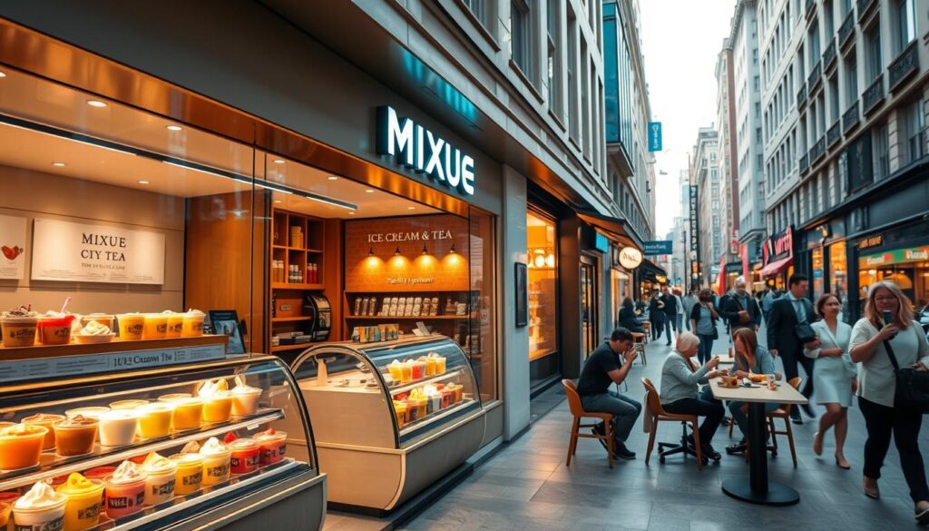 A crisp, well-lit image of a Mixue Ice Cream &amp;amp;amp;amp; Tea storefront set against a lively urban backdrop. The storefront features an elegant design with clean lines, warm lighting, and a prominent display showcasing an array of tempting ice cream flavors and tea varieties. In the foreground, a display case highlights the high-quality ingredients used in the products, including fresh fruits, premium teas, and other natural components. The middle ground captures the store's inviting atmosphere, with customers enjoying their treats at stylish tables and chairs. The background depicts a bustling city street, with passersby adding to the vibrant, upbeat energy of the scene. The overall composition conveys a sense of premium quality, attention to detail, and a commitment to providing a delightful customer experience.