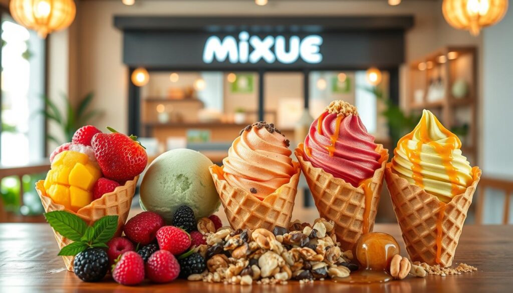 A delightful arrangement of seasonal Mixue ice cream flavors, meticulously crafted with vibrant colors and natural ingredients. In the foreground, a selection of scoops showcasing luscious strawberry, refreshing mango, and creamy matcha varieties, nestled in crisp waffle cones. The middle ground features an array of toppings, including juicy berries, toasted nuts, and a drizzle of honey, adding textural contrast. The background depicts a softly blurred backdrop of a cozy Mixue tea house, bathed in warm, natural lighting that accentuates the inviting atmosphere. The overall composition radiates a sense of health-conscious indulgence, perfectly capturing the essence of Mixue's seasonal menu.