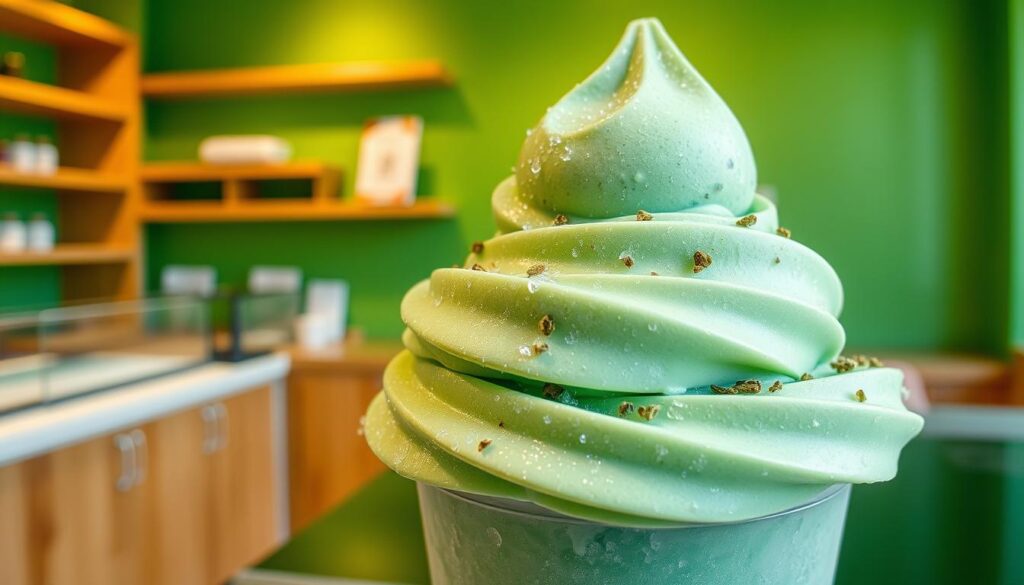 A delightful, frozen masterpiece of Mixue's Green Tea Ice Cream stands out against a bright, verdant backdrop. The ice cream's vibrant emerald hue glistens under soft, natural lighting, inviting a closer look. Atop the smooth, creamy treat, delicate swirls and specks of ground green tea leaves add a textural contrast. The scene is set in a cozy, artisanal ice cream shop, with wooden shelves and a minimalist counter framing the frozen delight. The overall atmosphere conveys a sense of high-quality, innovative indulgence - a perfect representation of Mixue's &amp;amp;amp;amp;amp;amp;quot;Green Tea Ice Cream Innovation&amp;amp;amp;amp;amp;amp;quot;.