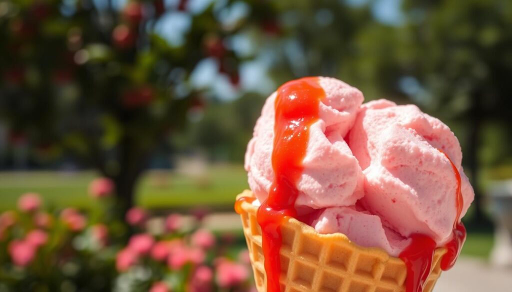 A delightful scoop of Mixue's famous strawberry ice cream, its creamy texture and vibrant pink hue shimmering under warm afternoon sunlight. The ice cream sits atop a waffle cone, its crisp golden-brown exterior contrasting beautifully with the soft, pillowy scoops. Glistening strawberry syrup drizzles down the sides, adding a tantalizing sweetness. In the background, a blurred landscape of lush greenery and a clear blue sky creates a serene, summery atmosphere. The composition is framed at a slightly elevated angle, capturing the enticing details of this irresistible Strawberry Sensation treat.