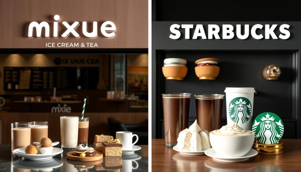 A detailed side-by-side comparison of the menus and product offerings from Mixue Ice Cream & Tea and Starbucks Coffee, captured in a sleek and minimalist design aesthetic. The image should feature clean product shots arranged in a grid layout, highlighting the diverse range of beverages, desserts, and specialty items available at each establishment. Subtle shadows and reflections create depth, while muted, earthy tones convey a sense of sophistication. The overall composition should feel balanced and visually appealing, allowing the viewer to easily grasp the key differences and similarities between the two brands' product portfolios. A detailed side-by-side comparison of the menus and product offerings from Mixue Ice Cream & Tea and Starbucks Coffee, captured in a sleek and minimalist design aesthetic. The image should feature clean product shots arranged in a grid layout, highlighting the diverse range of beverages, desserts, and specialty items available at each establishment. Subtle shadows and reflections create depth, while muted, earthy tones convey a sense of sophistication. The overall composition should feel balanced and visually appealing, allowing the viewer to easily grasp the key differences and similarities between the two brands' product portfolios.