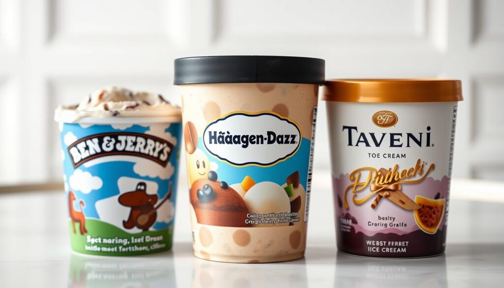 A high-quality studio shot showcasing three iconic premium ice cream pints - Ben &amp;amp;amp;amp;amp;amp; Jerry's, Häagen-Dazs, and Talenti. The pints are arranged in a clean, minimalist arrangement on a sleek white table, with perfect lighting that highlights the vibrant colors and textures of the ice cream. The scene has a sophisticated, upscale atmosphere, with a slight depth of field blur creating a sense of depth. The camera angle is slightly angled to provide an engaging perspective, capturing the brands in a comparative layout that invites the viewer to examine and compare the distinctive packaging designs. Subtle highlights and shadows emphasize the premium, artisanal nature of these top-tier ice cream labels.