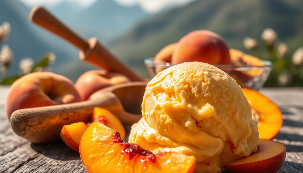 A lush, vibrant scene of Mixue's signature Peach Mountain ice cream. In the foreground, a decadent scoop of peach-infused ice cream, its soft texture and golden hue glistening under warm, natural lighting. Surrounding it, an array of fresh peach slices, their fuzzy skin and juicy flesh invitingly displayed. In the middle ground, a rustic wooden scoop rests alongside a glass dish, complementing the earthy tones. The background features a soft, blurred mountainous landscape, hinting at the treat's origin and inspiring a sense of tranquility. The overall composition evokes a sense of artisanal craftsmanship and the delightful flavors of summer.