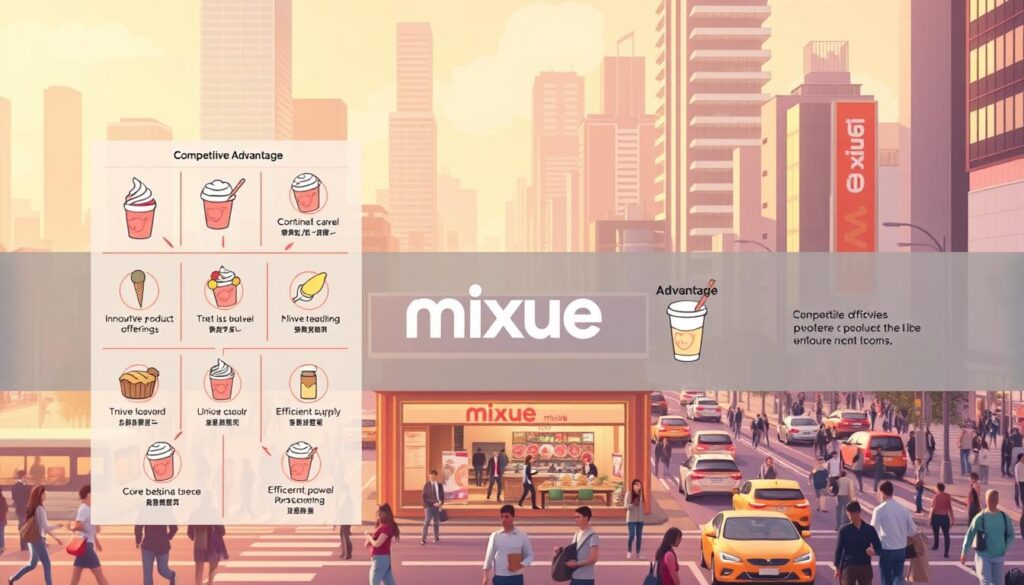 A sleek, modern illustration showcasing the competitive advantages of Mixue Ice Cream & Tea. In the foreground, a detailed diagram depicts Mixue's innovative product offerings, unique flavor profiles, and streamlined supply chain. The middle ground features Mixue's recognizable branding and store design, highlighting its approachable and vibrant aesthetic. In the background, a cityscape with bustling pedestrians and traffic conveys Mixue's global expansion and widespread popularity. The overall scene is illuminated by warm, directional lighting, creating a sense of energy and dynamism. The composition is balanced and visually striking, reflecting Mixue's strategic edge over traditional ice cream and tea chains. A sleek, modern illustration showcasing the competitive advantages of Mixue Ice Cream & Tea. In the foreground, a detailed diagram depicts Mixue's innovative product offerings, unique flavor profiles, and streamlined supply chain. The middle ground features Mixue's recognizable branding and store design, highlighting its approachable and vibrant aesthetic. In the background, a cityscape with bustling pedestrians and traffic conveys Mixue's global expansion and widespread popularity. The overall scene is illuminated by warm, directional lighting, creating a sense of energy and dynamism. The composition is balanced and visually striking, reflecting Mixue's strategic edge over traditional ice cream and tea chains.