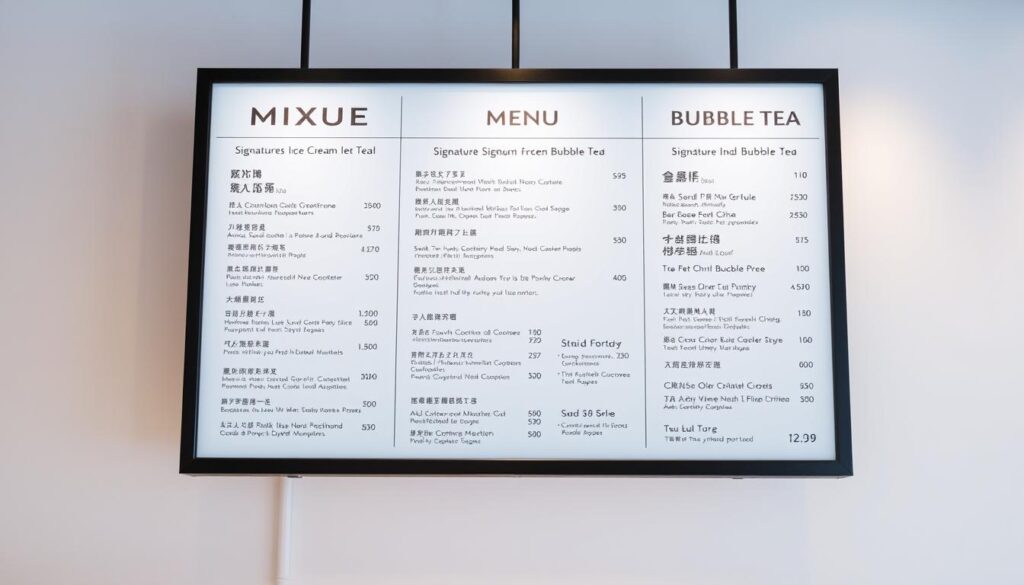 A sophisticated, minimalist menu board featuring Mixue's signature ice cream and bubble tea offerings. The menu is displayed against a clean, soft-focus background, with a muted color palette of pastel blues, grays, and whites to convey a calming, premium aesthetic. The menu items are clearly and neatly laid out, with precise pricing information for each product. The lighting is soft and even, highlighting the menu's elegant simplicity. The overall composition is balanced and visually appealing, drawing the viewer's attention to the key details of Mixue's product lineup and pricing. A sophisticated, minimalist menu board featuring Mixue's signature ice cream and bubble tea offerings. The menu is displayed against a clean, soft-focus background, with a muted color palette of pastel blues, grays, and whites to convey a calming, premium aesthetic. The menu items are clearly and neatly laid out, with precise pricing information for each product. The lighting is soft and even, highlighting the menu's elegant simplicity. The overall composition is balanced and visually appealing, drawing the viewer's attention to the key details of Mixue's product lineup and pricing.