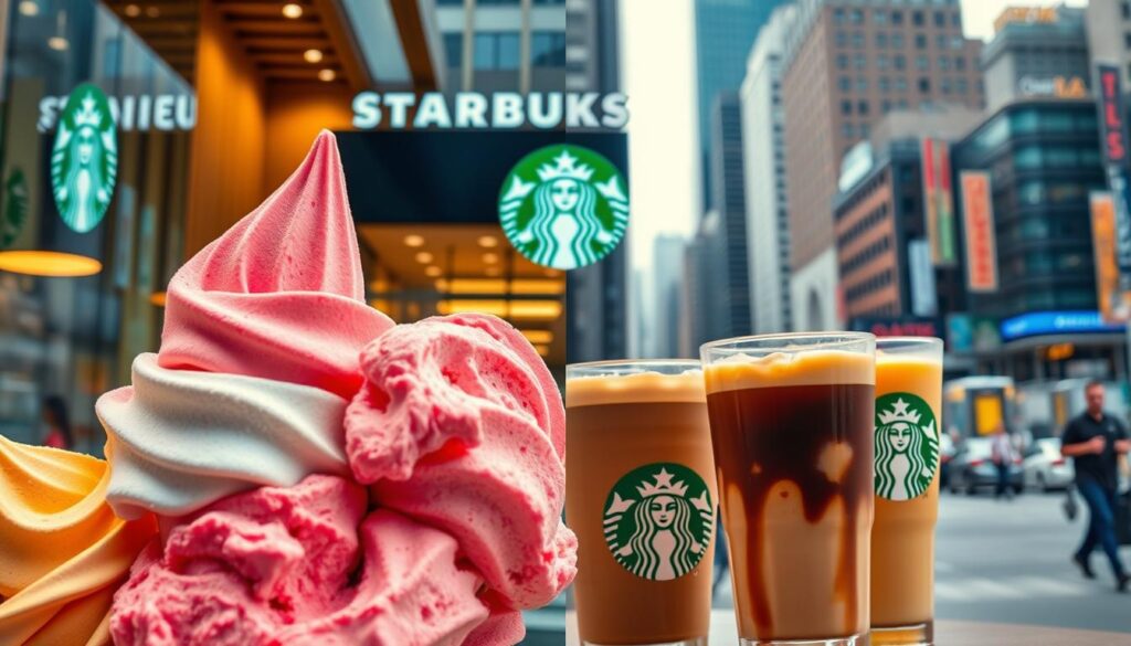 A vibrant and dynamic comparison of Mixue's colorful ice cream and Starbucks' classic coffee beverages. In the foreground, a tempting display of Mixue's delectable ice cream flavors in eye-catching pastel hues, each scoop a work of art. In the middle ground, a sleek and modern Starbucks cafe, its signature green siren logo prominently displayed. The background features a bustling urban cityscape, showcasing the global presence and popularity of these two iconic brands. The lighting is warm and inviting, highlighting the rich textures and vibrant colors of the scene. The composition is balanced and visually striking, inviting the viewer to ponder the merits of these two beloved purveyors of refreshment and indulgence. A vibrant and dynamic comparison of Mixue's colorful ice cream and Starbucks' classic coffee beverages. In the foreground, a tempting display of Mixue's delectable ice cream flavors in eye-catching pastel hues, each scoop a work of art. In the middle ground, a sleek and modern Starbucks cafe, its signature green siren logo prominently displayed. The background features a bustling urban cityscape, showcasing the global presence and popularity of these two iconic brands. The lighting is warm and inviting, highlighting the rich textures and vibrant colors of the scene. The composition is balanced and visually striking, inviting the viewer to ponder the merits of these two beloved purveyors of refreshment and indulgence.
