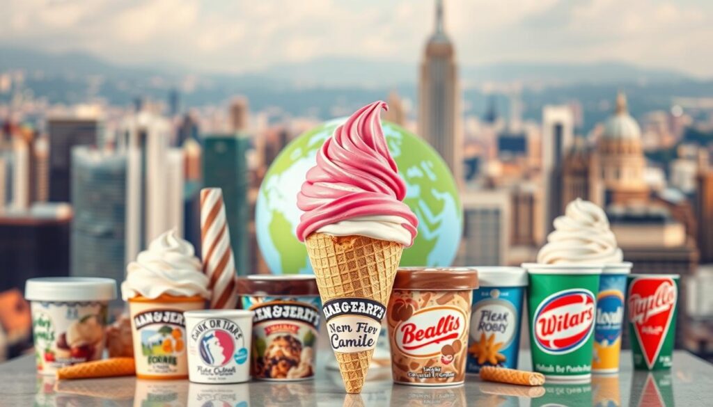 A vibrant collage of the world's most iconic ice cream brands, captured in a high-quality, realistic style. In the foreground, an assortment of classic ice cream cones and cups, each showcasing the distinct branding and logos of top international labels like Häagen-Dazs, Ben &amp;amp;amp;amp;amp;amp; Jerry's, Baskin-Robbins, and Walls. The middle ground features a stylized globe, emphasizing the global reach and popularity of these beloved ice cream brands. The background is a soft, blurred scene of a bustling city, hinting at the international presence and widespread appeal of these companies. Warm, natural lighting illuminates the scene, creating a welcoming and inviting atmosphere.