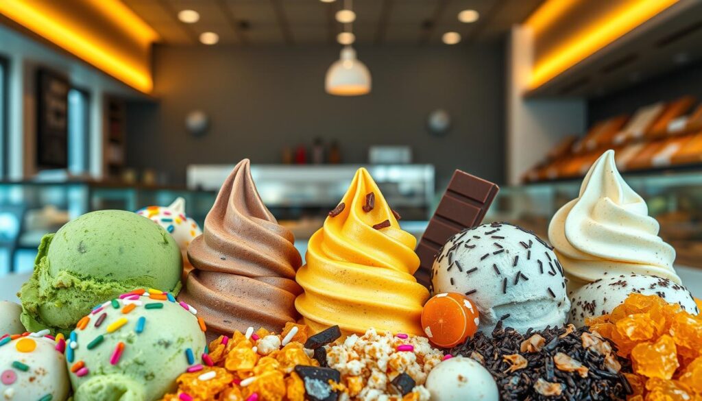 A vibrant, mouth-watering display of innovative ice cream flavors, captured in a high-resolution, expertly-lit photograph. In the foreground, an array of delicately crafted scoops in unique, unexpected flavors like matcha green tea, spiced honey, and charcoal black sesame. The middle ground showcases a variety of toppings and mix-ins, from colorful sprinkles to crunchy honeycomb pieces and freshly shaved chocolate. The background features a sleek, minimalist ice cream parlor setting, with clean lines, warm lighting, and a sense of artisanal elegance. The overall composition and styling convey a sense of creativity, indulgence, and the endless possibilities of ice cream innovation.