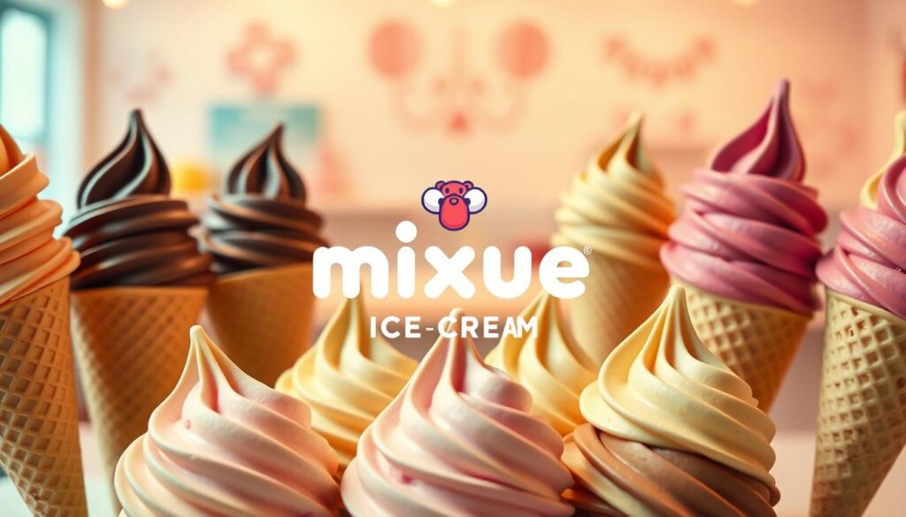 A vibrant scene depicting the top customer favorites from Mixue Ice Cream. In the foreground, an array of creamy, artfully-scooped ice cream cones in a variety of rich, inviting flavors - strawberry, chocolate, vanilla, and more. The cones are arranged in a visually appealing, symmetrical pattern, their colors and textures glistening under warm, soft lighting. In the middle ground, a backdrop of the Mixue Ice Cream logo and branding, conveying a sense of high-quality, beloved products. The background features a blurred, pastel-hued scene suggestive of a cozy, welcoming Mixue Ice Cream shop or parlor, drawing the viewer into the comforting, indulgent atmosphere. The overall impression is one of mouthwatering temptation and customer delight. A vibrant scene depicting the top customer favorites from Mixue Ice Cream. In the foreground, an array of creamy, artfully-scooped ice cream cones in a variety of rich, inviting flavors - strawberry, chocolate, vanilla, and more. The cones are arranged in a visually appealing, symmetrical pattern, their colors and textures glistening under warm, soft lighting. In the middle ground, a backdrop of the Mixue Ice Cream logo and branding, conveying a sense of high-quality, beloved products. The background features a blurred, pastel-hued scene suggestive of a cozy, welcoming Mixue Ice Cream shop or parlor, drawing the viewer into the comforting, indulgent atmosphere. The overall impression is one of mouthwatering temptation and customer delight.