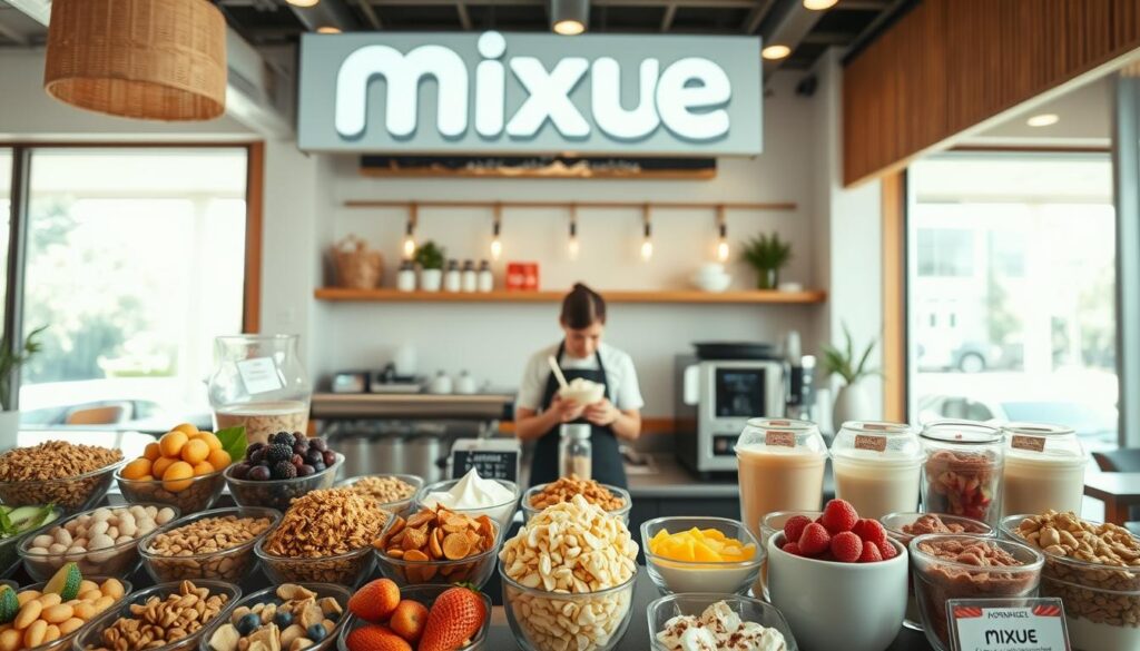 A well-lit, high-resolution image of the Mixue Ice Cream &amp;amp;amp;amp;amp;amp;amp;amp;amp; Tea counter, showcasing a variety of healthier customization options. In the foreground, a clean, inviting display features an array of fresh fruit toppings, nuts, granola, and low-fat dairy options. The middle ground shows a barista meticulously assembling a customized ice cream or tea order, highlighting the care and attention to detail. The background features the warm, modern decor of the Mixue cafe, with natural lighting filtering in through large windows. The overall atmosphere conveys a sense of wellness, quality, and the ability to create a delicious, nutritious treat.