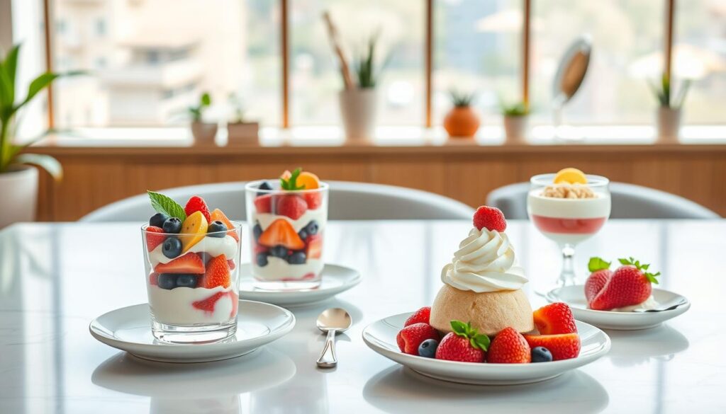 A well-lit, high-resolution image showcasing the delectable Mixue Healthy Dessert Menu Options. In the foreground, an array of vibrant, artfully presented desserts - from refreshing fruit parfaits to creamy dairy-free mousses, all made with wholesome, nutritious ingredients. In the middle ground, a clean, minimalist table setting with sleek plates and utensils, complementing the desserts' elegant simplicity. The background features a serene, light-filled space with natural textures, such as wood paneling and potted plants, creating a calming, health-conscious ambiance. The overall composition conveys a sense of balance, nourishment, and indulgence, perfectly encapsulating the ethos of Mixue's Healthy Dessert Menu. A well-lit, high-resolution image showcasing the delectable Mixue Healthy Dessert Menu Options. In the foreground, an array of vibrant, artfully presented desserts - from refreshing fruit parfaits to creamy dairy-free mousses, all made with wholesome, nutritious ingredients. In the middle ground, a clean, minimalist table setting with sleek plates and utensils, complementing the desserts' elegant simplicity. The background features a serene, light-filled space with natural textures, such as wood paneling and potted plants, creating a calming, health-conscious ambiance. The overall composition conveys a sense of balance, nourishment, and indulgence, perfectly encapsulating the ethos of Mixue's Healthy Dessert Menu.