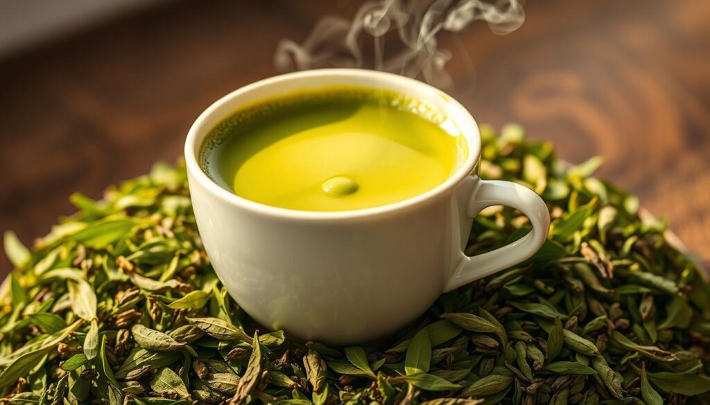 Mixue Green Tea Healthy Choices: a vibrant, close-up image showcasing a steaming cup of matcha green tea, with a smooth, earthy color and delicate foam. Surrounding the cup, an assortment of fresh green tea leaves, arranged artfully against a soft, blurred background, conveying a sense of calm and wellness. The lighting is natural and warm, highlighting the intricate textures and vibrant hues of the tea and leaves. The composition emphasizes the antioxidant-rich properties of the green tea, inviting the viewer to experience its healthful benefits. The overall mood is one of tranquility and mindfulness, capturing the essence of a rejuvenating green tea experience.