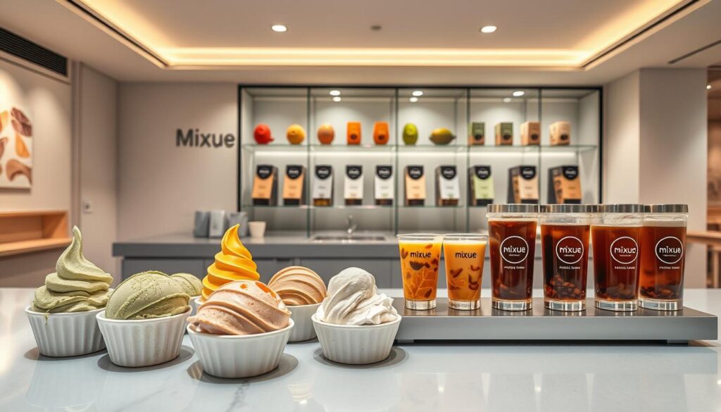 Mixue Ice Cream and Tea Product Range: A mouth-watering array of delectable treats on a sleek, modern counter. In the foreground, an assortment of colorful ice cream scoops in unique flavors like matcha, taro, and mango. The middle ground showcases an elegant display of glass-encased tea products, their labels showcasing the Mixue brand identity. The background features a minimalist interior design with clean lines, soft lighting, and a neutral color palette that accentuates the vibrant products. The overall scene conveys a sense of premium quality, innovation, and a commitment to delivering a premium customer experience. Mixue Ice Cream and Tea Product Range: A mouth-watering array of delectable treats on a sleek, modern counter. In the foreground, an assortment of colorful ice cream scoops in unique flavors like matcha, taro, and mango. The middle ground showcases an elegant display of glass-encased tea products, their labels showcasing the Mixue brand identity. The background features a minimalist interior design with clean lines, soft lighting, and a neutral color palette that accentuates the vibrant products. The overall scene conveys a sense of premium quality, innovation, and a commitment to delivering a premium customer experience.