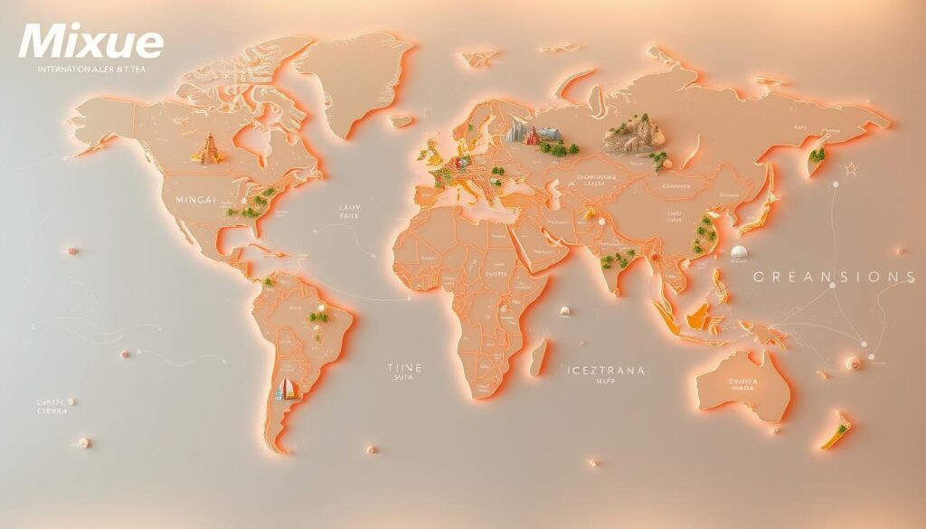 Mixue International Expansion Map, an immersive visualization showcasing the global footprint of Mixue Ice Cream & Tea. Rendered in a vibrant, cartographic style, the map depicts continents and countries connected by dynamic data visualizations. Intricate details like iconic landmarks, winding roads, and bustling cityscapes create a sense of depth and realism. Soft, warm lighting illuminates the scene, casting an inviting glow that evokes the brand's delightful essence. The composition balances informative data points with an artistic aesthetic, captivating the viewer and highlighting Mixue's remarkable worldwide expansion. Mixue International Expansion Map, an immersive visualization showcasing the global footprint of Mixue Ice Cream & Tea. Rendered in a vibrant, cartographic style, the map depicts continents and countries connected by dynamic data visualizations. Intricate details like iconic landmarks, winding roads, and bustling cityscapes create a sense of depth and realism. Soft, warm lighting illuminates the scene, casting an inviting glow that evokes the brand's delightful essence. The composition balances informative data points with an artistic aesthetic, captivating the viewer and highlighting Mixue's remarkable worldwide expansion.
